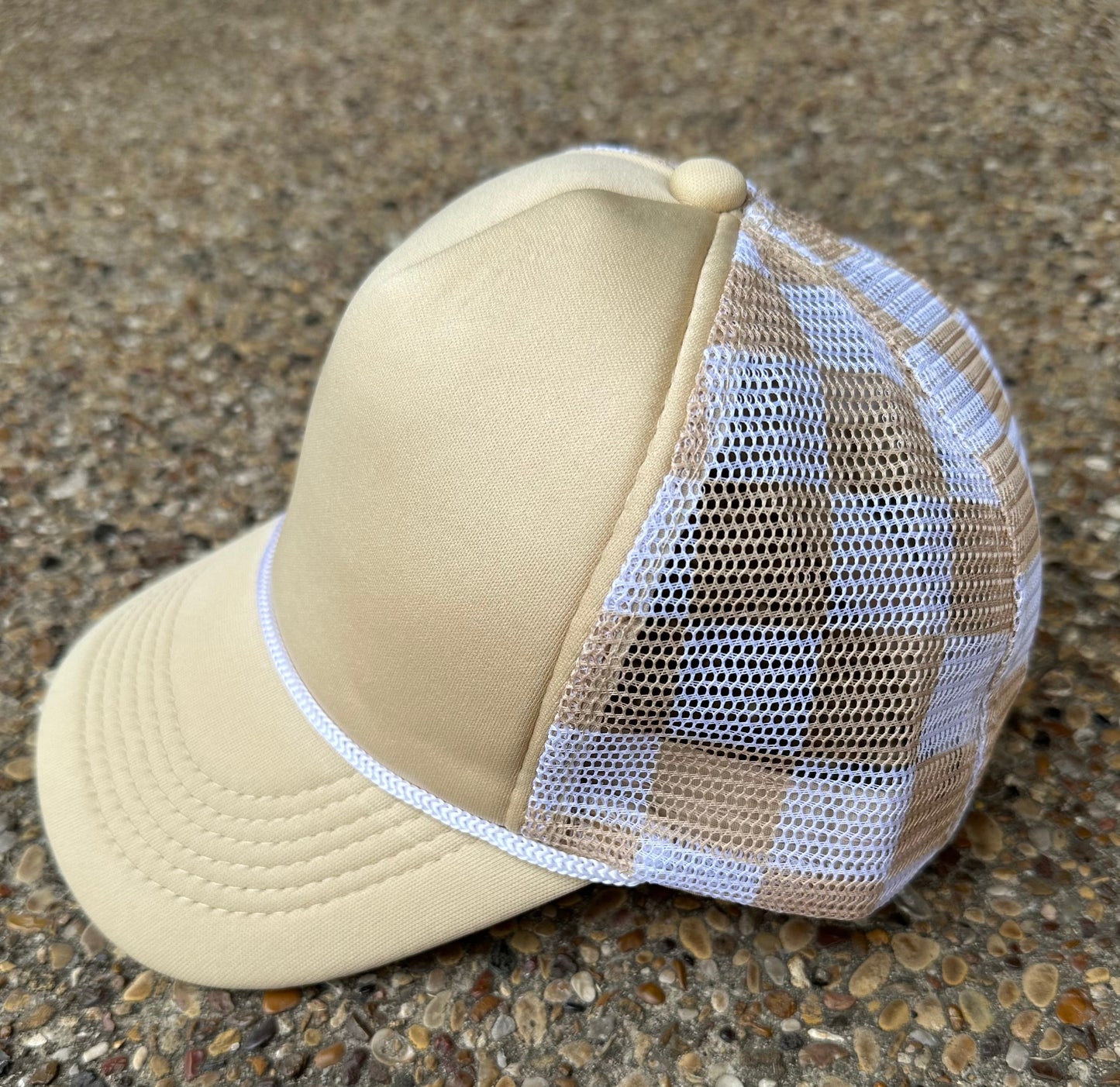 **SALE** RTS Tan Checkered Trucker Hat