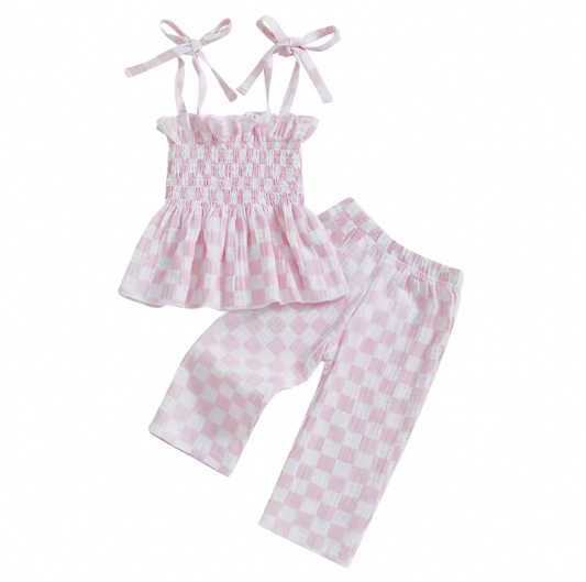 Pink Chex Tied Sleeve Pant Set