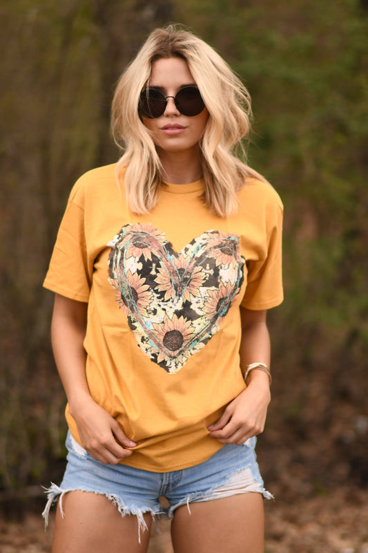 Sunflower Cowprint Heart Tee